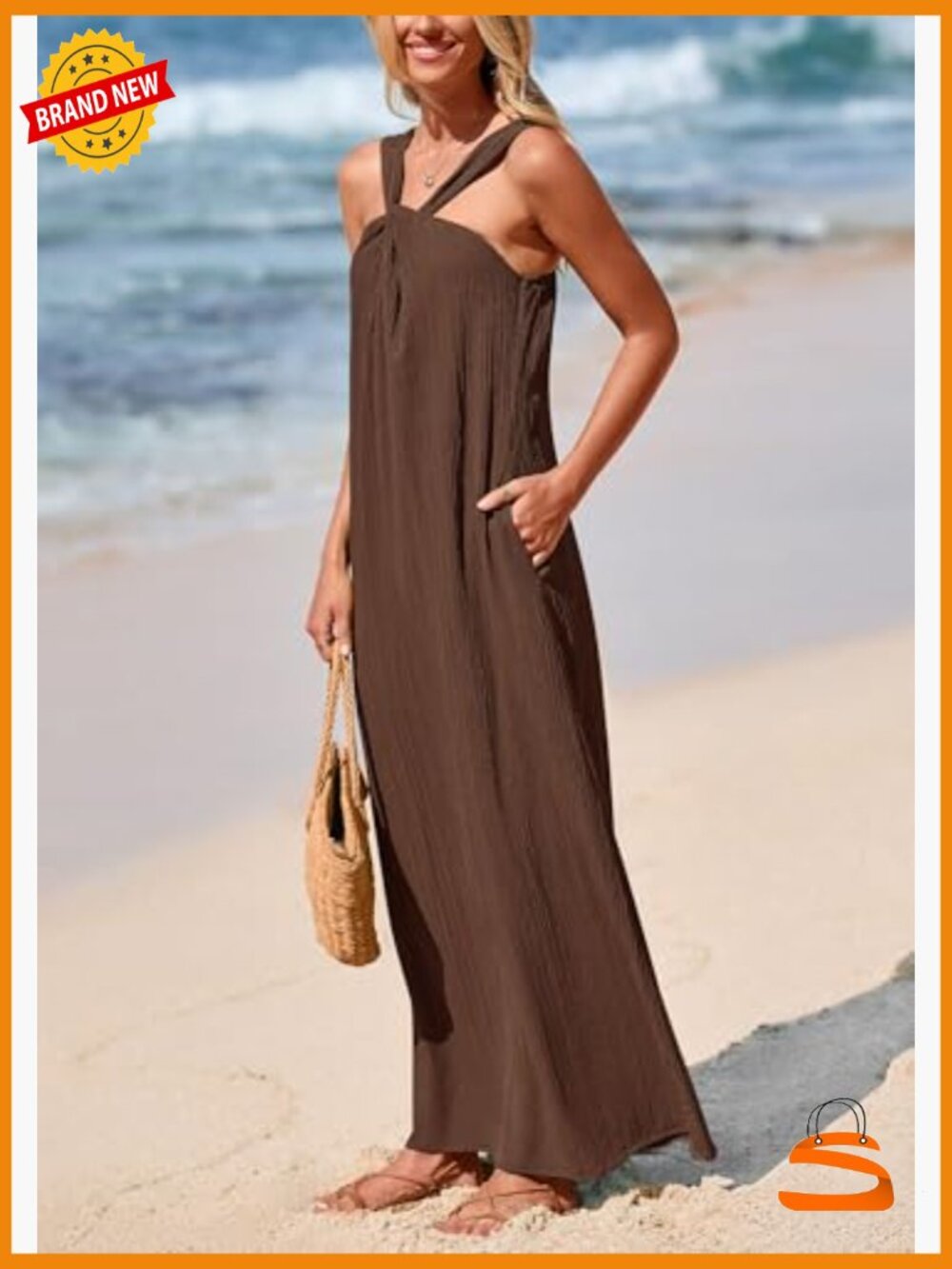 Womens Sleeveless Maxi Beach Vacation Dress with Pockets - Picture 5 of 7
